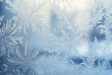 Obraz premium Delicate frost patterns create a mesmerizing view on a window, showcasing nature's artistry and the beauty of winter.