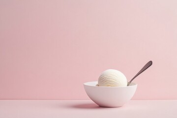 A minimalist shot of a single vanilla ice cream scoop in a plain white bowl with a silver spoon. 