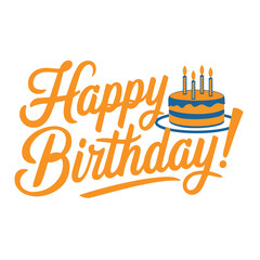 A vector illustration of a yellow calligraphy text lettering Happy birthday with a cake on a white background