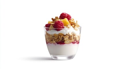 Fresh raspberries on top of yogurt with crunchy granola, perfect for breakfast or snack