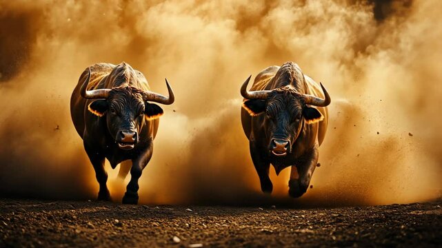 Two black bulls charge through a cloud of dust in a field