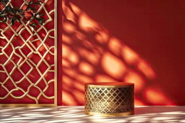 Elegant shiny gold podium table, geometric design in sunlight, Chinese window grill shadow on blank red wall. Luxury Asian beauty, cosmetic, with generative ai