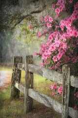 A wooden fence decorated with pink flowers