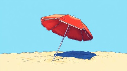 A single red umbrella sits atop a sandy beach, perfect for a casual outing or a relaxing vacation