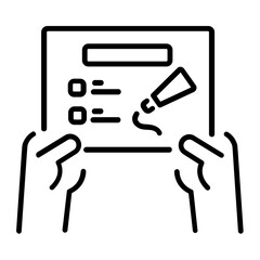 A linear icon of a person holding an info card with a checklist and a tube of glue