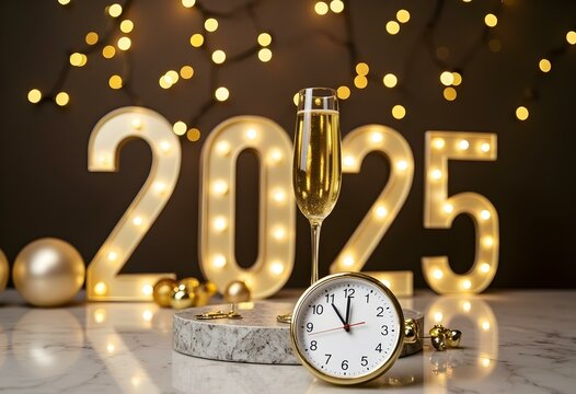 2025 New Year Celebration - Champagne And Clock For Countdown - Toast Cheering With Abstract Defocused Background
