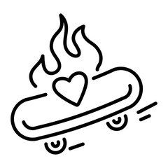 Skateboard with fire and heart sign, line style icon  