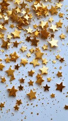 Golden star confetti scattered on a white surface, perfect for celebrations and decorations