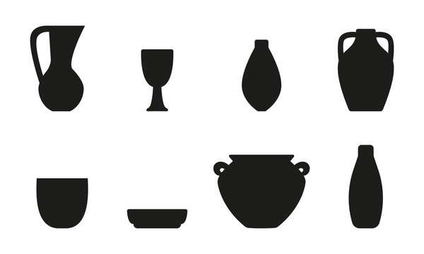 Set of Silhouettes of Jugs, pots and dishes. Black full Icons of Pottery. Amphora. Ceramics - craft with clay. Vase, cup and bowl. Plate, glass. Vessel with handle. Isolated. Vector illustration.
