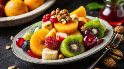 Beautifully designed fruit plate with different fruit sliced lies on a set table