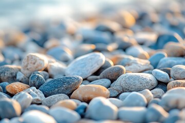A collection of rocks sits atop the sandy shoreline