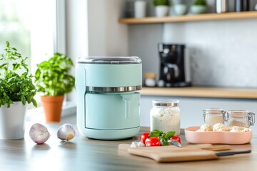 A modern kitchen scene with a homemade ice cream maker and fresh ingredients on the counter