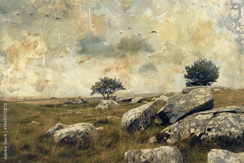 Poster a picture of rocky formations and a single tree standing in an open field