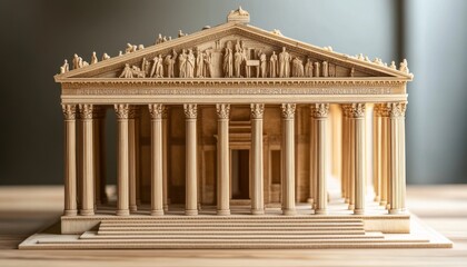 Obraz premium Detailed miniature model of a classical temple displayed on a wooden surface indoors