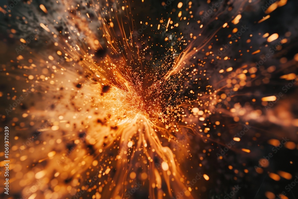 Poster a close-up view of a firework explosion with sparks and flames