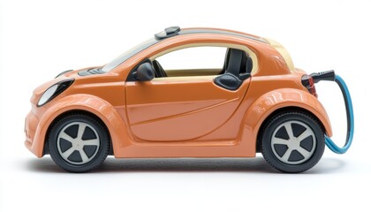 A toy electric car with charging cable parked on a white surface