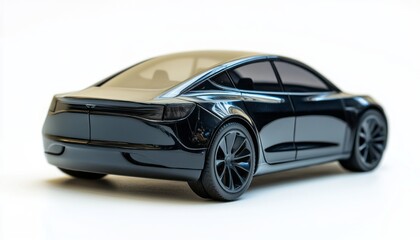 Black model car parked on a white surface showcasing sleek design and details