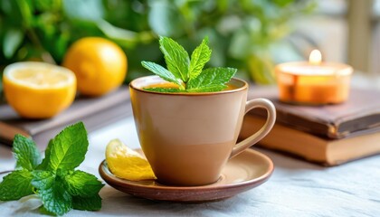 Light brown tea cup with lemon and sprig of mint - tea on white background with book and candle in background. 