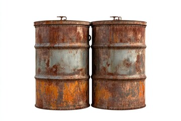 Obraz premium Two old metal drums side by side on the ground, with signs of rust and wear
