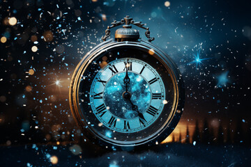 A beautiful vintage clock with cosmic elements and sparkling particles, creating a dreamy atmosphere.