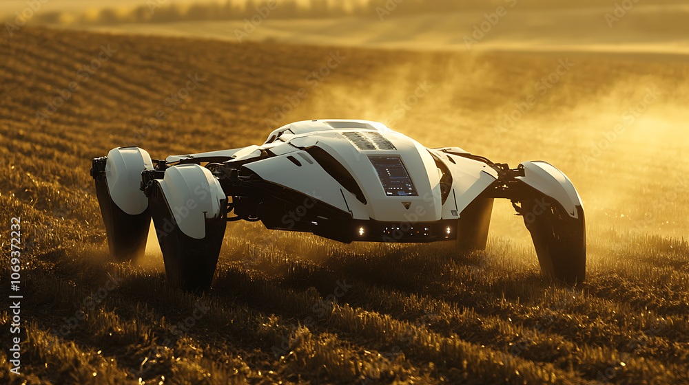 Poster an advanced autonomous robot drone equipped with sensors and ai technology is operating in an agricu