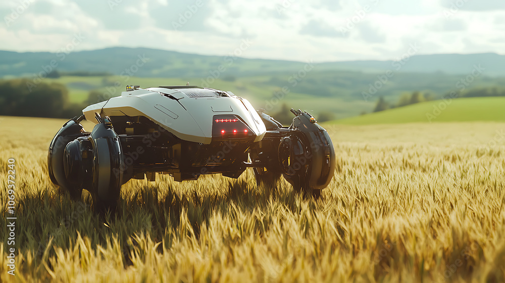 Poster an advanced autonomous robot drone equipped with sensors and ai technology is operating in an agricu