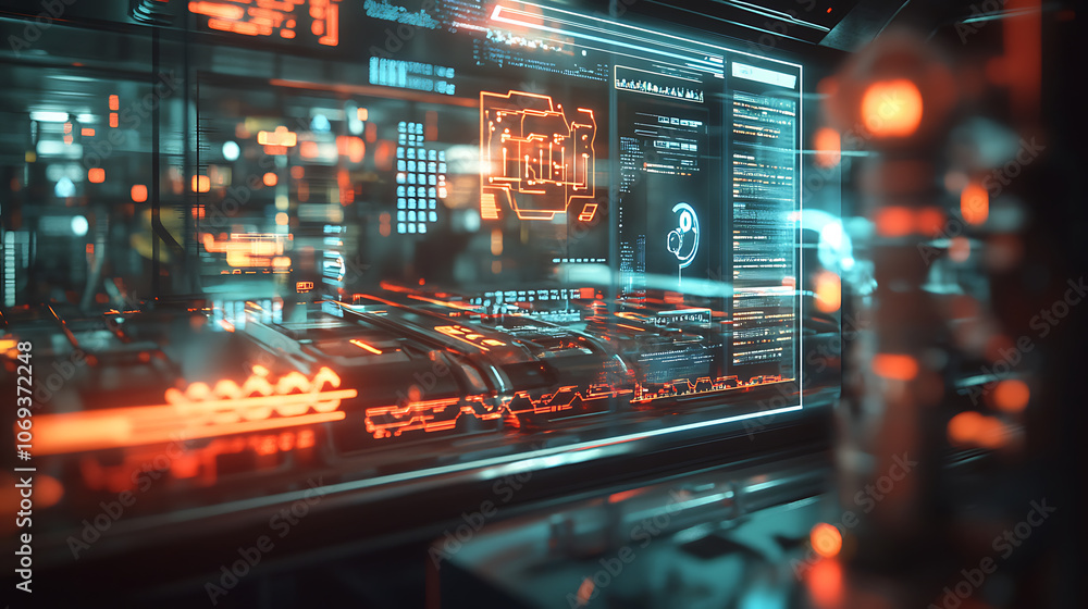 Poster An advanced industrial Internet of Things (IIoT) smart factory concept, showcasing abstract 3D holographic display of hightech automation and futuristic technology integration in manufacturing
