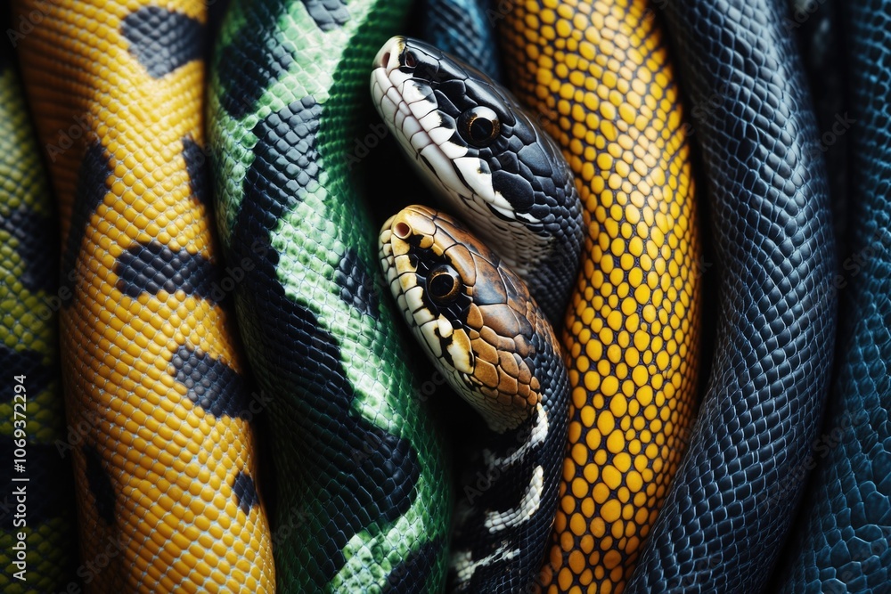 Poster a close-up shot of a snake wrapped around a blanket, with textures and colors creating an interestin