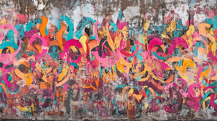 A vibrant, seamless pattern of colorful graffiti art layered on a weathered concrete wall, showcasing urban street art