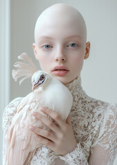  Bald Albino Girl Holding a Peacock with Beautiful Eyes