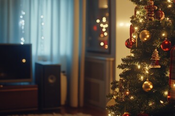 A beautifully decorated Christmas tree in a cozy living room setting