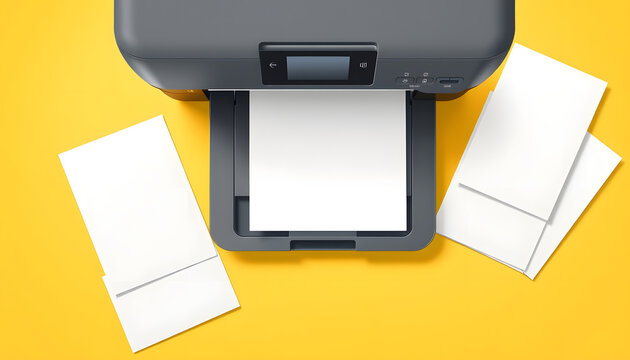 Top view of the printer and blank sheets of paper on a yellow background isolated with white highlights, png