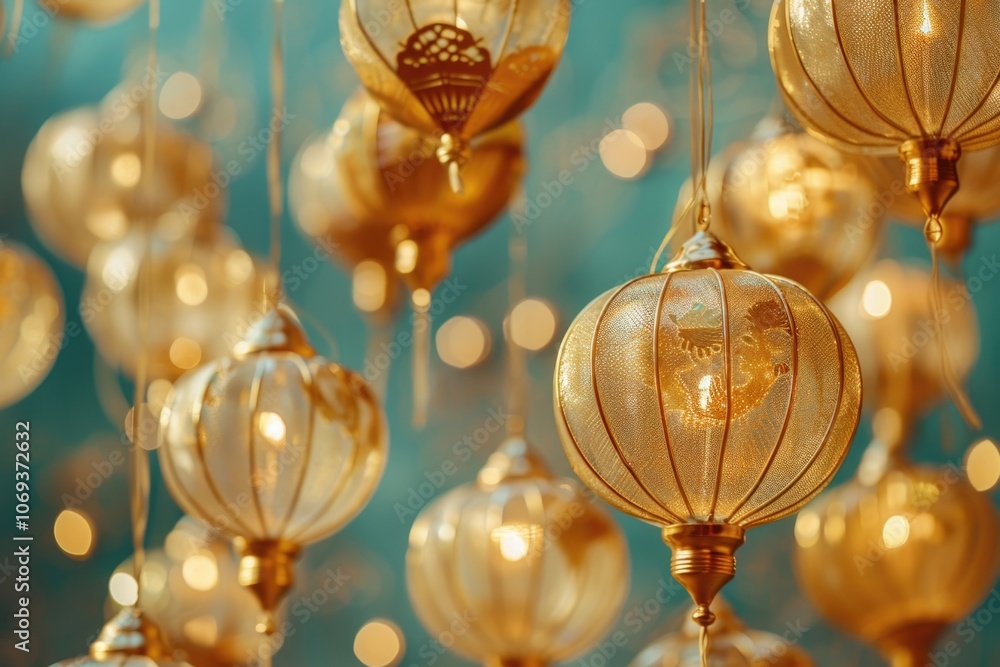 Poster a bunch of golden lanterns hanging from strings in a dark or bright environment