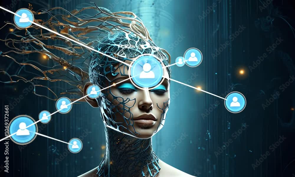 Poster computer intelligence and the human brain. a girl communicates with a computer. concept - artificial