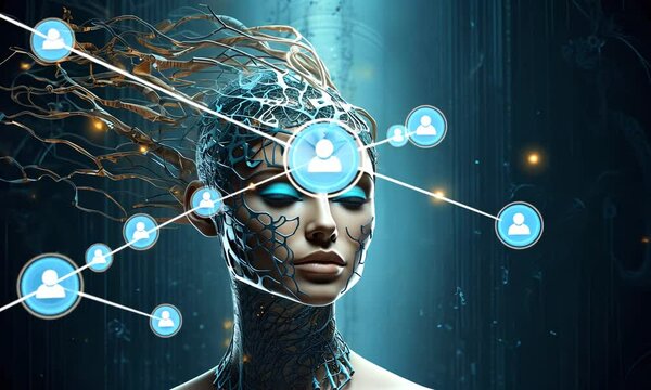 Computer intelligence and the human brain. A girl communicates with a computer. Concept - artificial intelligence, neural networks, technology development.