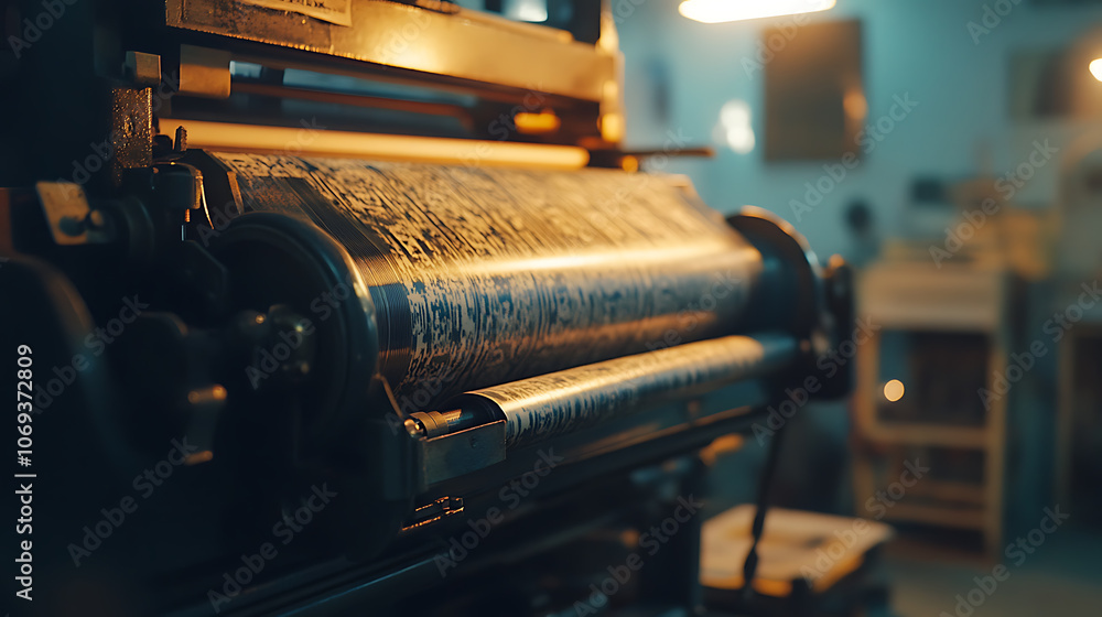 Aufkleber close-up of a press printing machine in operation of printing in color, printing house, publishing i