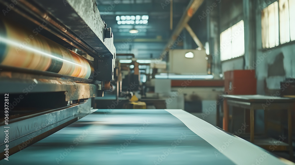 Poster close-up of a press printing machine in operation of printing in color, printing house, publishing i