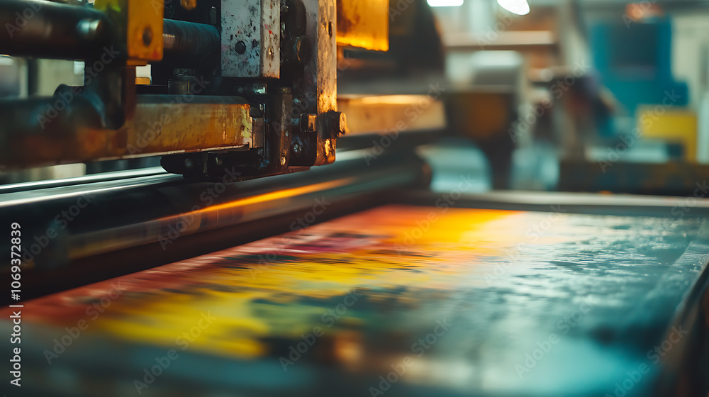 Poster close-up of a press printing machine in operation of printing in color, printing house, publishing i
