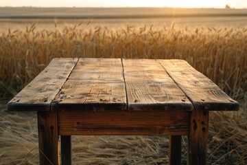 Fototapeta premium A rustic wooden table set against a vast field of golden wheat
