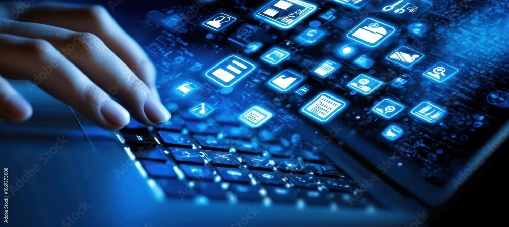 Poster close-up of hands typing on a laptop with digital icons floating above a business person is using mo