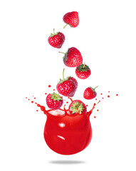 Fresh strawberries falling in splashes of juice isolated on white background
