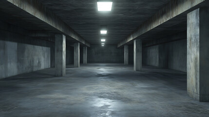 Dark underground warehouse, empty concrete garage with gray walls