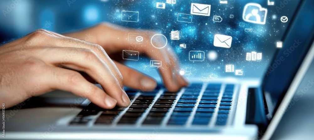 Poster close-up of hands typing on a laptop with digital icons floating above a business person is using mo