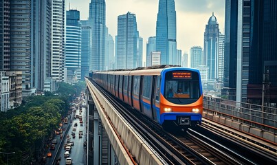 Fototapeta premium A Train Travels Along an Elevated Track Surrounded by Urban Buildings in a Busy City Skyline During a Hazy Day