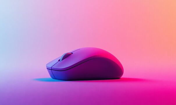 A vibrant purple computer mouse rests on a soft pink velvet surface, featuring a smooth matte finish.