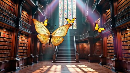 Magical Text Butterflies in Sunlit Library Interior

