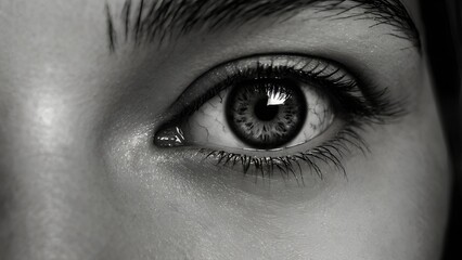 Fototapeta premium Close-up of a human eye in black and white, capturing intricate details of the iris and eyelashes, evoking themes of observation, emotion, and intensity