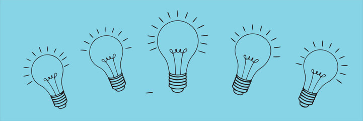 Light bulbs set isolated on blue background with different sizes. Lamp bulb idea icon. Lightbulb creativity inspiration icons. Lamp bulb icons collection, light bulb idea
