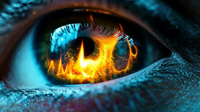 A close-up image of a blue eye with a fiery orange reflection