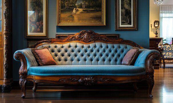 Antique wood sofa couch in vintage room. Classical style armchair.